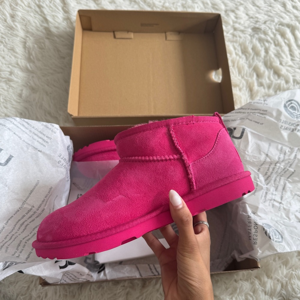 NWT UGG Kids Classic Hot Pink Ultra Mini Uggs | Sheepskin Fur Slippers